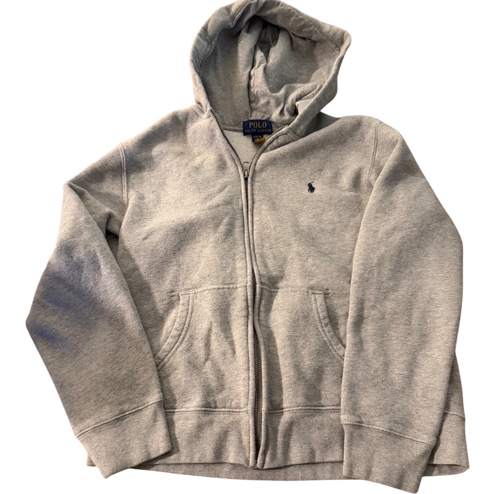 Polo Ralph Lauren Boys Gray Full Zip Hoodie Sweatshirt Size L 14-16 Blue Pony